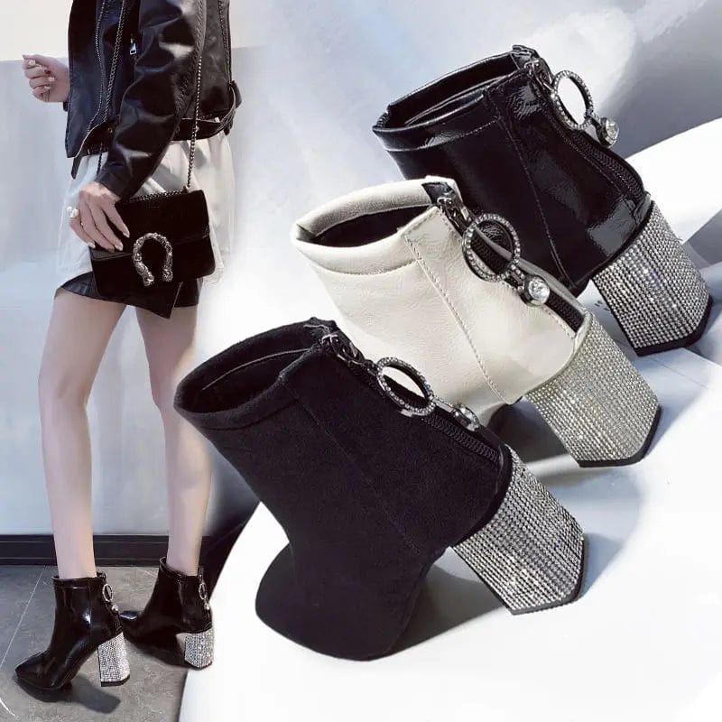 Eleganza Italiana Square Toe Short Boots Woman 2023 Fall/Winter Shoes Women High Heeled Boots Rhinestone Chunky Heel Female Booties Large Size Streetwear high fashion shein amazon temu target Walmart online