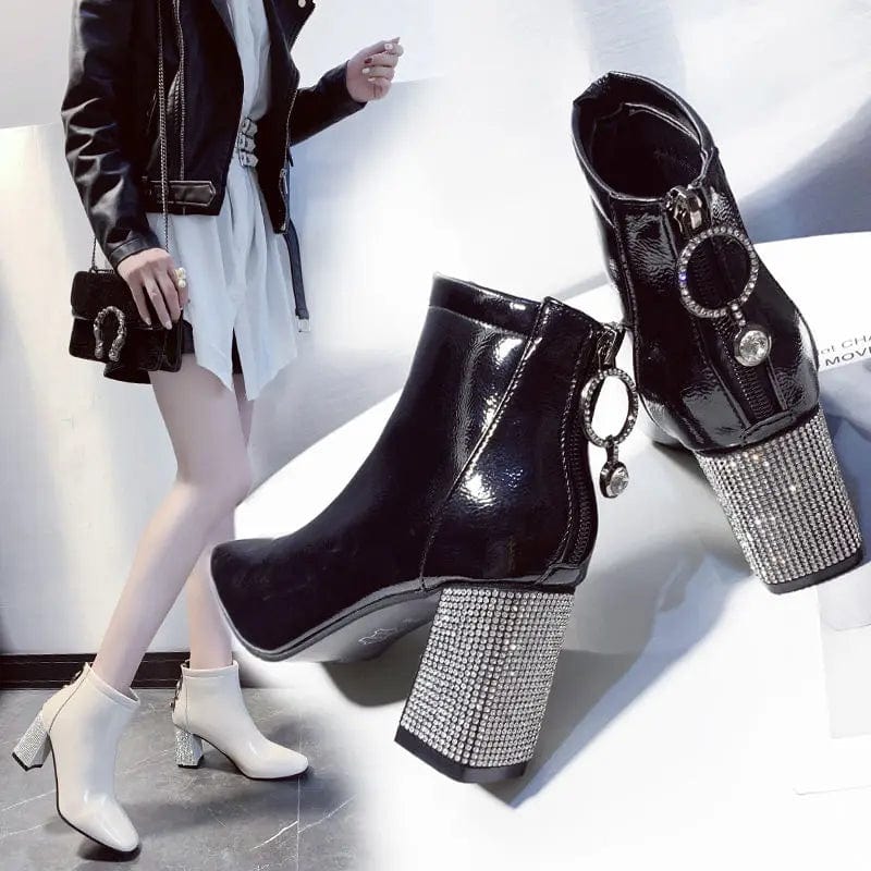 Eleganza Italiana Square Toe Short Boots Woman 2023 Fall/Winter Shoes Women High Heeled Boots Rhinestone Chunky Heel Female Booties Large Size Streetwear high fashion shein amazon temu target Walmart online