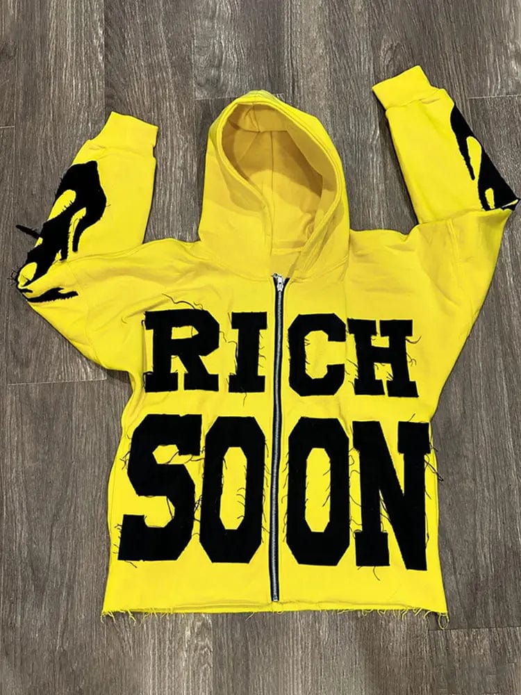 Eleganza Italiana Street Rich Soon Printed Hoodie For Male Trendy Y2k Long Sleeve Zip Up Hooded Sweatshirt 2024 Autumn Pocket Loose Hoodies Jacket Streetwear high fashion shein amazon temu target Walmart online