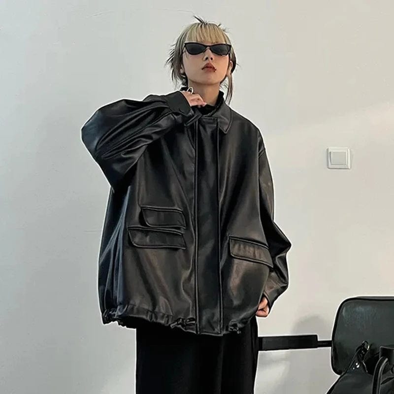 Eleganza Italiana Streetwear Black Pu Faux Leather Coats Women Oversized Gothic Jackets Y2K Loose Pocket Cool Ladies Casual Soft Outerwear Streetwear high fashion shein amazon temu target Walmart online