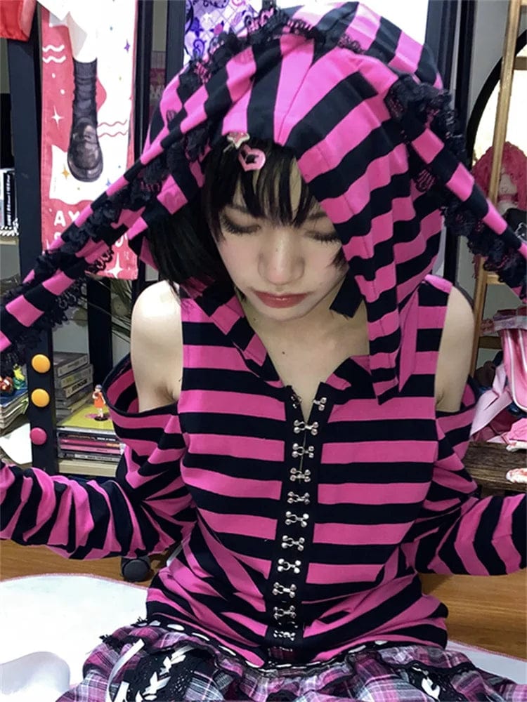 Eleganza Italiana Striped Print Goth Grunge Hoodie Pink Black Gothic Style Bunny Ears Hoodies Female Fairy Harajuku Kawaii Slim Hoodied Egirl Top Streetwear high fashion shein amazon temu target Walmart online