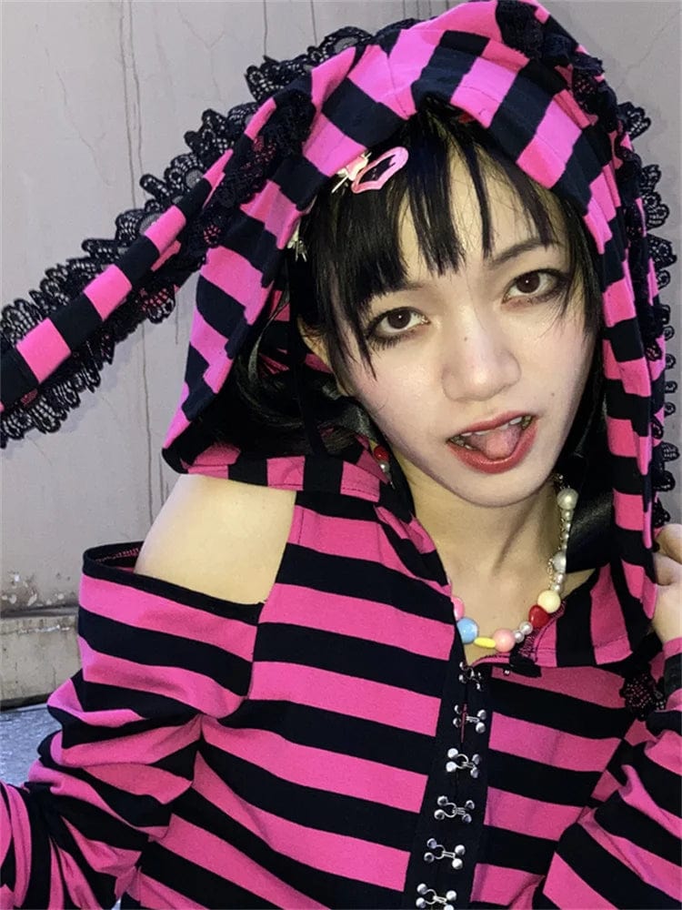 Eleganza Italiana Striped Print Goth Grunge Hoodie Pink Black Gothic Style Bunny Ears Hoodies Female Fairy Harajuku Kawaii Slim Hoodied Egirl Top Streetwear high fashion shein amazon temu target Walmart online