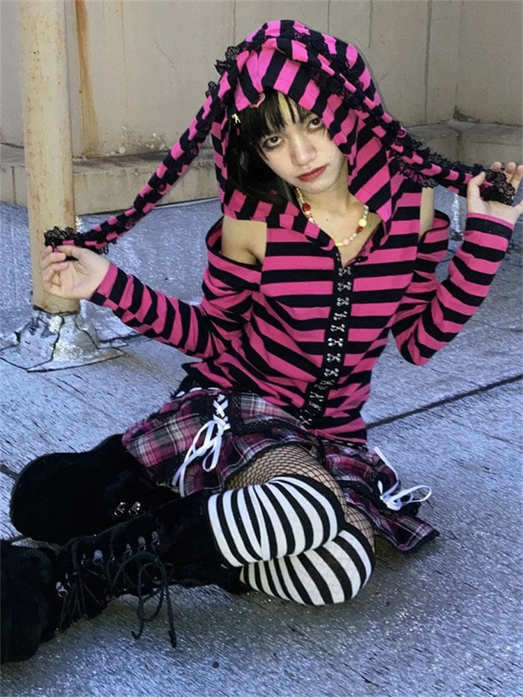 Eleganza Italiana Striped Print Goth Grunge Hoodie Pink Black Gothic Style Bunny Ears Hoodies Female Fairy Harajuku Kawaii Slim Hoodied Egirl Top Streetwear high fashion shein amazon temu target Walmart online