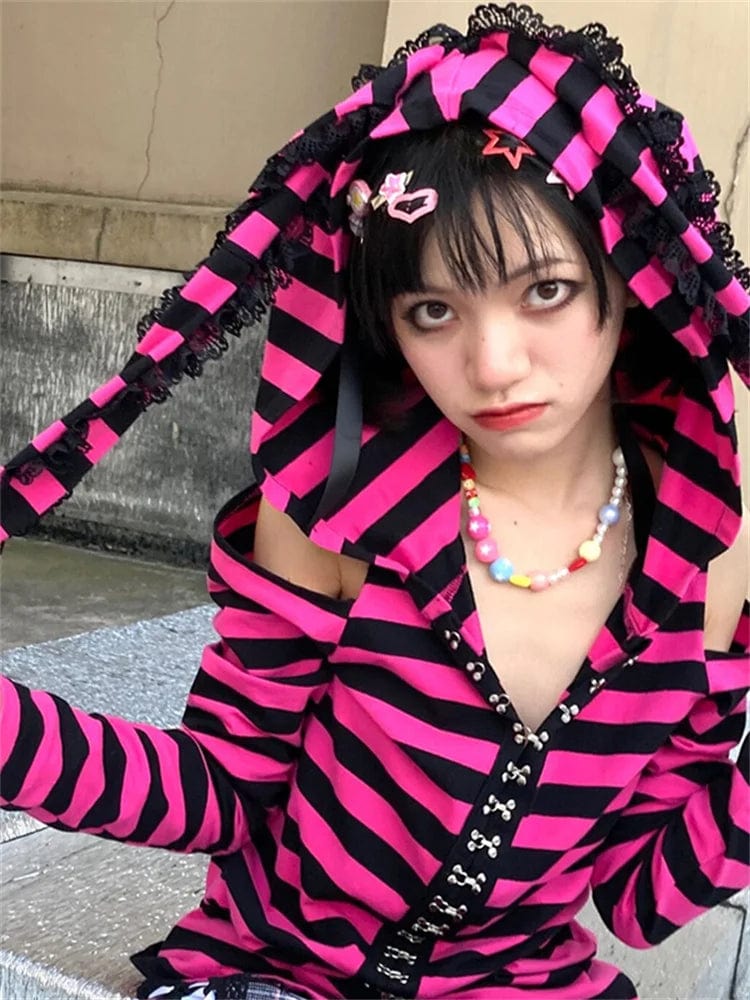 Eleganza Italiana Striped Print Goth Grunge Hoodie Pink Black Gothic Style Bunny Ears Hoodies Female Fairy Harajuku Kawaii Slim Hoodied Egirl Top Streetwear high fashion shein amazon temu target Walmart online