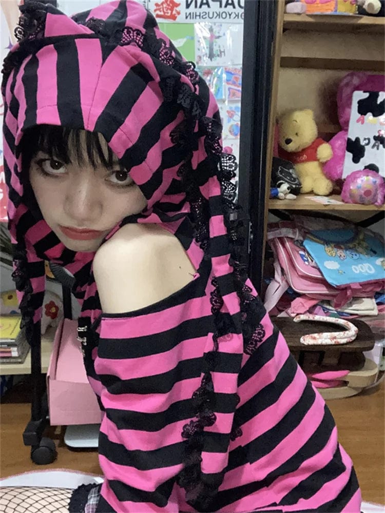 Eleganza Italiana Striped Print Goth Grunge Hoodie Pink Black Gothic Style Bunny Ears Hoodies Female Fairy Harajuku Kawaii Slim Hoodied Egirl Top Streetwear high fashion shein amazon temu target Walmart online