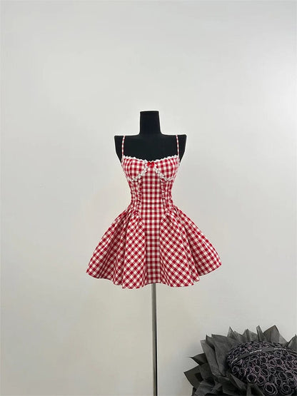 Eleganza Italiana Summer French Prom Gown Ballet Core Mini Plaid Dress Women Gyaru Coquette 2000s Aesthetic Evening Frocks Party Fairy One-Piece Streetwear high fashion shein amazon temu target Walmart online