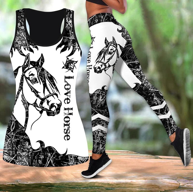 Eleganza Italiana Summer Ladies Love Horse Print Yoga Sports Pants Sweatpants Leggings Cut Out Back Tank Tops Combo Suit XS-8XL Streetwear high fashion shein amazon temu target Walmart online