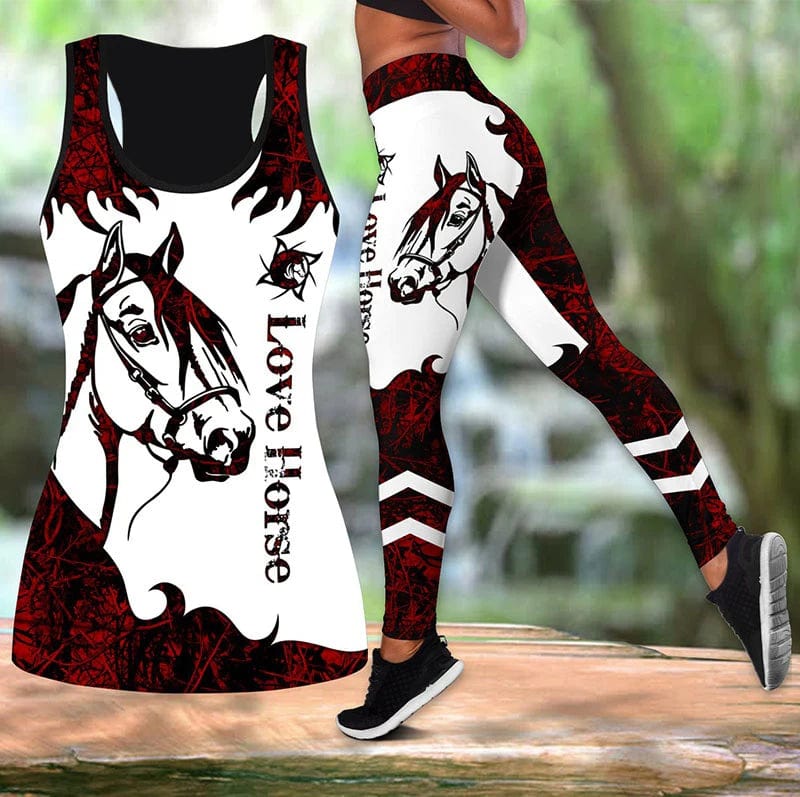 Eleganza Italiana Summer Ladies Love Horse Print Yoga Sports Pants Sweatpants Leggings Cut Out Back Tank Tops Combo Suit XS-8XL Streetwear high fashion shein amazon temu target Walmart online