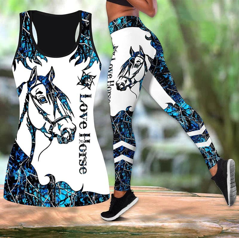 Eleganza Italiana Summer Ladies Love Horse Print Yoga Sports Pants Sweatpants Leggings Cut Out Back Tank Tops Combo Suit XS-8XL Streetwear high fashion shein amazon temu target Walmart online