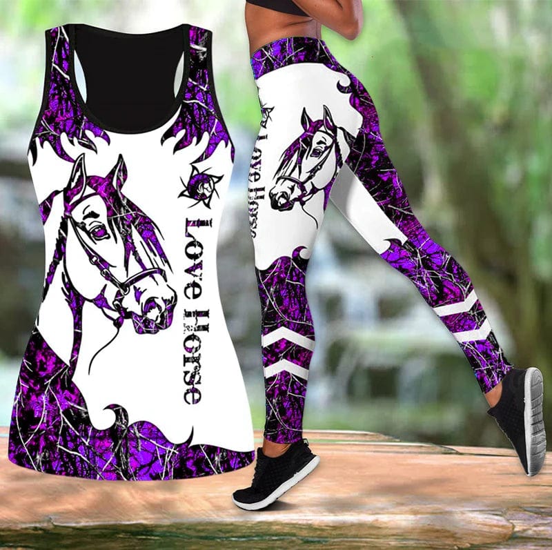 Eleganza Italiana Summer Ladies Love Horse Print Yoga Sports Pants Sweatpants Leggings Cut Out Back Tank Tops Combo Suit XS-8XL Streetwear high fashion shein amazon temu target Walmart online