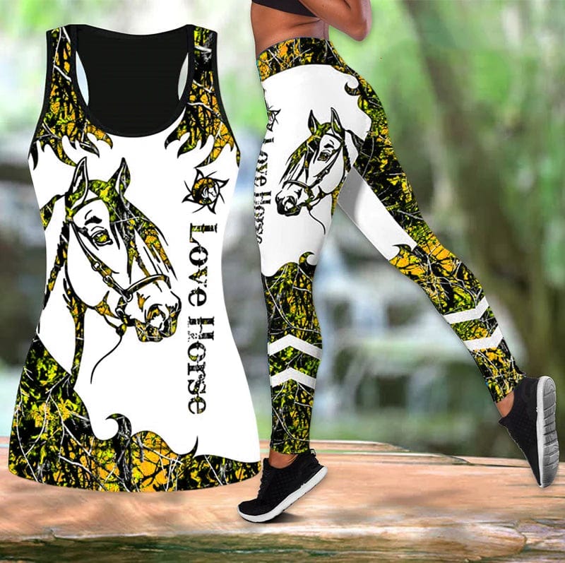 Eleganza Italiana Summer Ladies Love Horse Print Yoga Sports Pants Sweatpants Leggings Cut Out Back Tank Tops Combo Suit XS-8XL Streetwear high fashion shein amazon temu target Walmart online