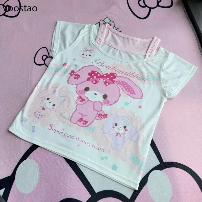 Eleganza Italiana Sweet Crop Tops Lolita T-shirt Women Y2k Aesthetic Cartoon Rabbit Print Summer Tees Japanese Casual Cute Fake Two Pieces TShirts Streetwear high fashion shein amazon temu target Walmart online