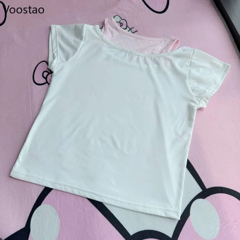 Eleganza Italiana Sweet Crop Tops Lolita T-shirt Women Y2k Aesthetic Cartoon Rabbit Print Summer Tees Japanese Casual Cute Fake Two Pieces TShirts Streetwear high fashion shein amazon temu target Walmart online