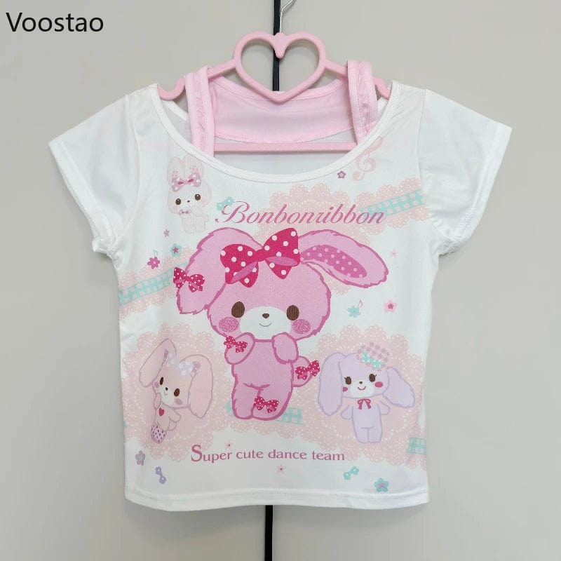 Eleganza Italiana Sweet Crop Tops Lolita T-shirt Women Y2k Aesthetic Cartoon Rabbit Print Summer Tees Japanese Casual Cute Fake Two Pieces TShirts Streetwear high fashion shein amazon temu target Walmart online