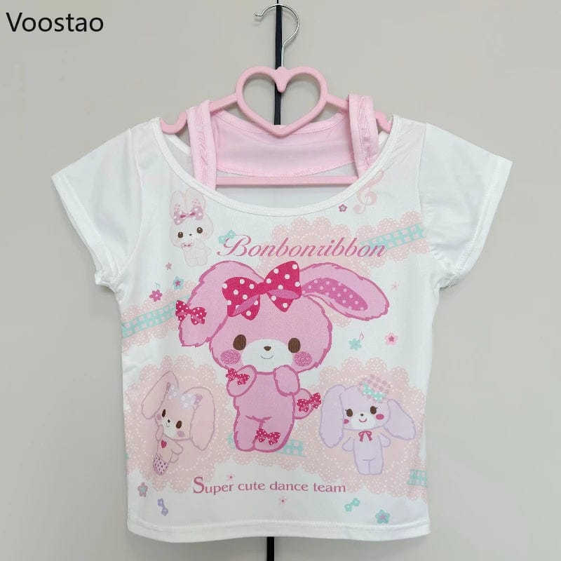 Eleganza Italiana Sweet Crop Tops Lolita T-shirt Women Y2k Aesthetic Cartoon Rabbit Print Summer Tees Japanese Casual Cute Fake Two Pieces TShirts Streetwear high fashion shein amazon temu target Walmart online