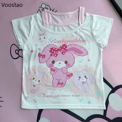 Eleganza Italiana Sweet Crop Tops Lolita T-shirt Women Y2k Aesthetic Cartoon Rabbit Print Summer Tees Japanese Casual Cute Fake Two Pieces TShirts Streetwear high fashion shein amazon temu target Walmart online