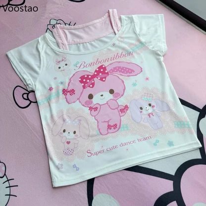 Eleganza Italiana Sweet Crop Tops Lolita T-shirt Women Y2k Aesthetic Cartoon Rabbit Print Summer Tees Japanese Casual Cute Fake Two Pieces TShirts Streetwear high fashion shein amazon temu target Walmart online