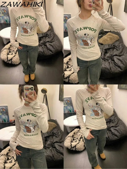 Eleganza Italiana T Shirts for Women Slim Letter Cartoon Print Korean Fashion Sweet Y2K Spring Fall Minimalist Long Sleeve Versatile Tops Mujer Streetwear high fashion shein amazon temu target Walmart online