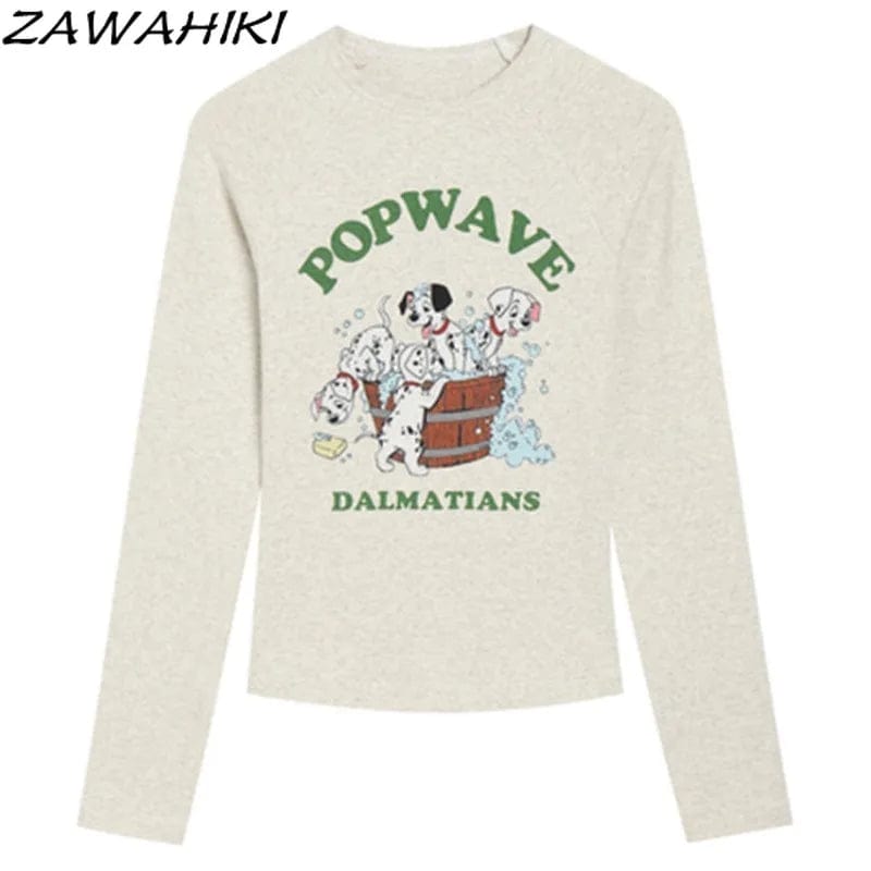 Eleganza Italiana T Shirts for Women Slim Letter Cartoon Print Korean Fashion Sweet Y2K Spring Fall Minimalist Long Sleeve Versatile Tops Mujer Streetwear high fashion shein amazon temu target Walmart online