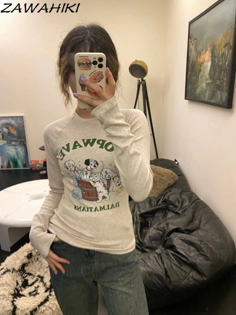 Eleganza Italiana T Shirts for Women Slim Letter Cartoon Print Korean Fashion Sweet Y2K Spring Fall Minimalist Long Sleeve Versatile Tops Mujer Streetwear high fashion shein amazon temu target Walmart online