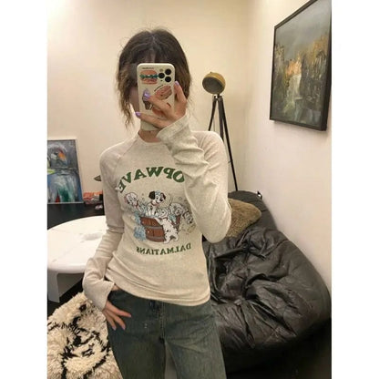 Eleganza Italiana T Shirts for Women Slim Letter Cartoon Print Korean Fashion Sweet Y2K Spring Fall Minimalist Long Sleeve Versatile Tops Mujer Streetwear high fashion shein amazon temu target Walmart online