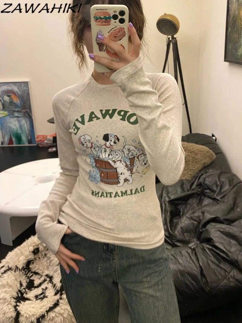 Eleganza Italiana T Shirts for Women Slim Letter Cartoon Print Korean Fashion Sweet Y2K Spring Fall Minimalist Long Sleeve Versatile Tops Mujer Streetwear high fashion shein amazon temu target Walmart online