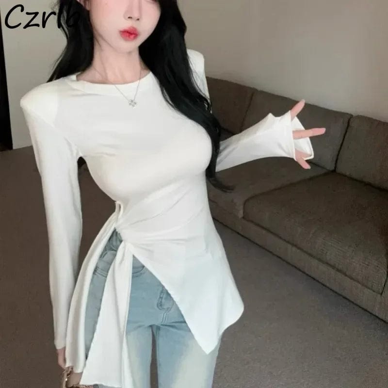 Eleganza Italiana T-shirts Women Designed Clean Fit Side-slit High Street Bandage Streetwear Fashion Hipster Y2k Tops Korean Clothes Fall Ulzzang Streetwear high fashion shein amazon temu target Walmart online