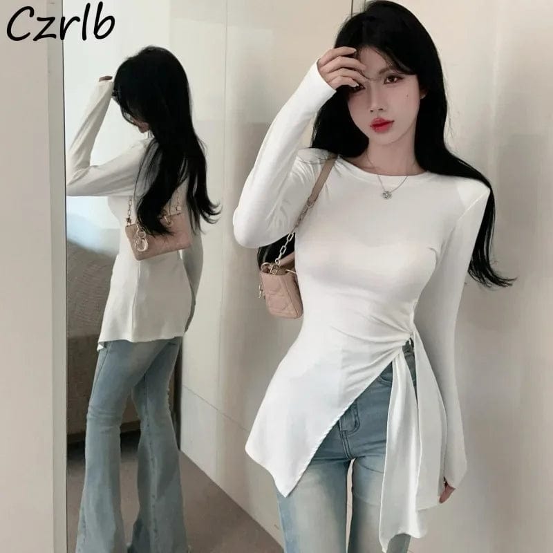 Eleganza Italiana T-shirts Women Designed Clean Fit Side-slit High Street Bandage Streetwear Fashion Hipster Y2k Tops Korean Clothes Fall Ulzzang Streetwear high fashion shein amazon temu target Walmart online