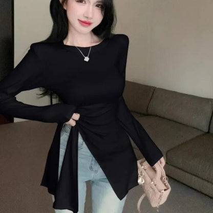 Eleganza Italiana T-shirts Women Designed Clean Fit Side-slit High Street Bandage Streetwear Fashion Hipster Y2k Tops Korean Clothes Fall Ulzzang Streetwear high fashion shein amazon temu target Walmart online