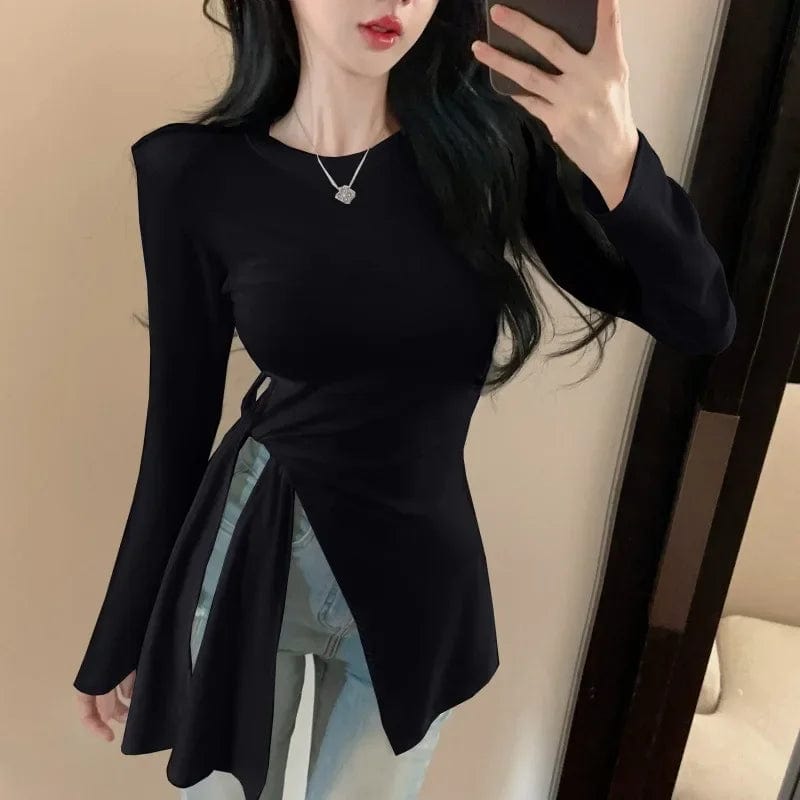 Eleganza Italiana T-shirts Women Designed Clean Fit Side-slit High Street Bandage Streetwear Fashion Hipster Y2k Tops Korean Clothes Fall Ulzzang Streetwear high fashion shein amazon temu target Walmart online