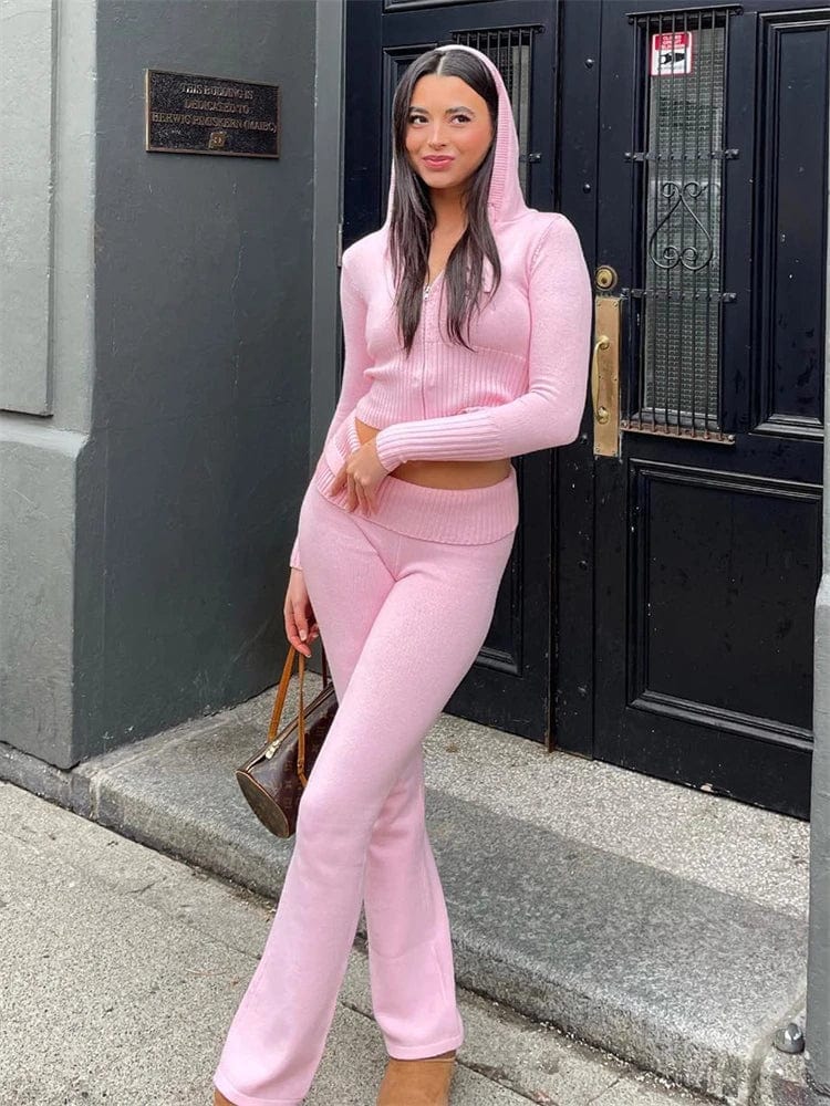 Eleganza Italiana TARUXY Women Spring Outfits Casual Zipper Sweater Hoodie Set High Waist Flare Pants Suits Pink Knitted Womens Y2k Two Piece Set Streetwear high fashion shein amazon temu target Walmart online