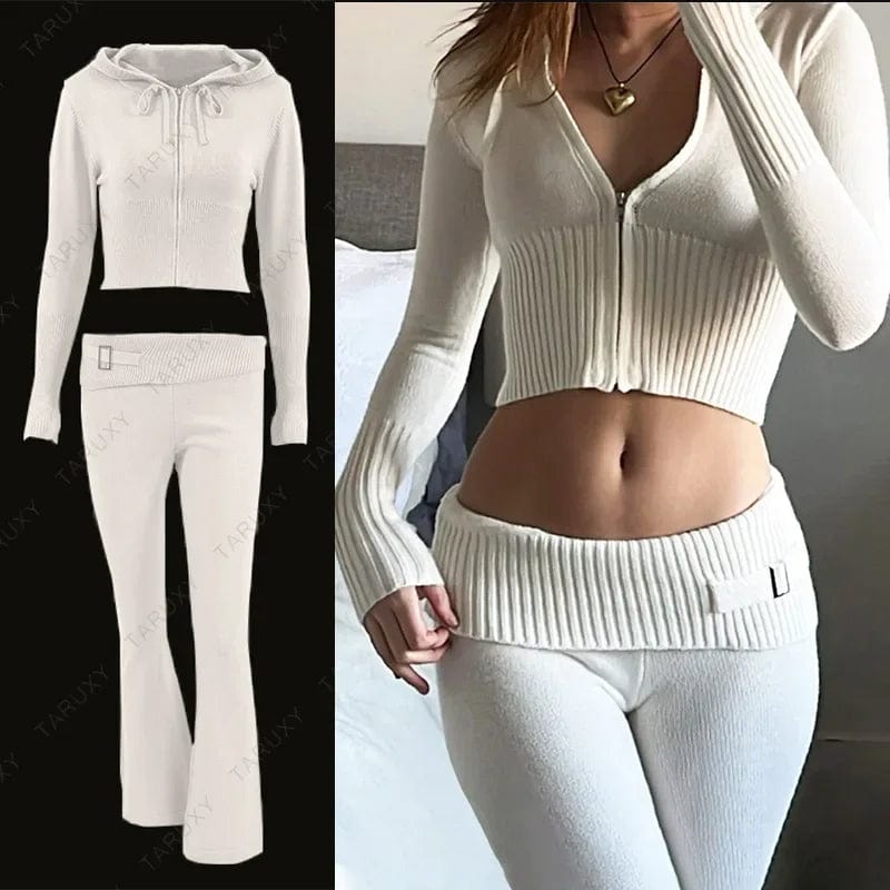 Eleganza Italiana TARUXY Women Spring Outfits Casual Zipper Sweater Hoodie Set High Waist Flare Pants Suits Pink Knitted Womens Y2k Two Piece Set Streetwear high fashion shein amazon temu target Walmart online