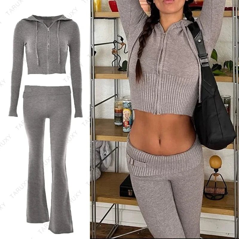 Eleganza Italiana TARUXY Women Spring Outfits Casual Zipper Sweater Hoodie Set High Waist Flare Pants Suits Pink Knitted Womens Y2k Two Piece Set Streetwear high fashion shein amazon temu target Walmart online