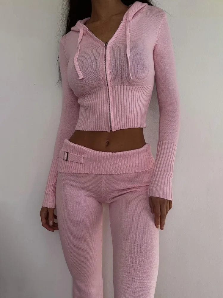 Eleganza Italiana TARUXY Women Spring Outfits Casual Zipper Sweater Hoodie Set High Waist Flare Pants Suits Pink Knitted Womens Y2k Two Piece Set Streetwear high fashion shein amazon temu target Walmart online