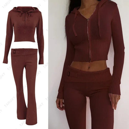 Eleganza Italiana TARUXY Women Spring Outfits Casual Zipper Sweater Hoodie Set High Waist Flare Pants Suits Pink Knitted Womens Y2k Two Piece Set Streetwear high fashion shein amazon temu target Walmart online