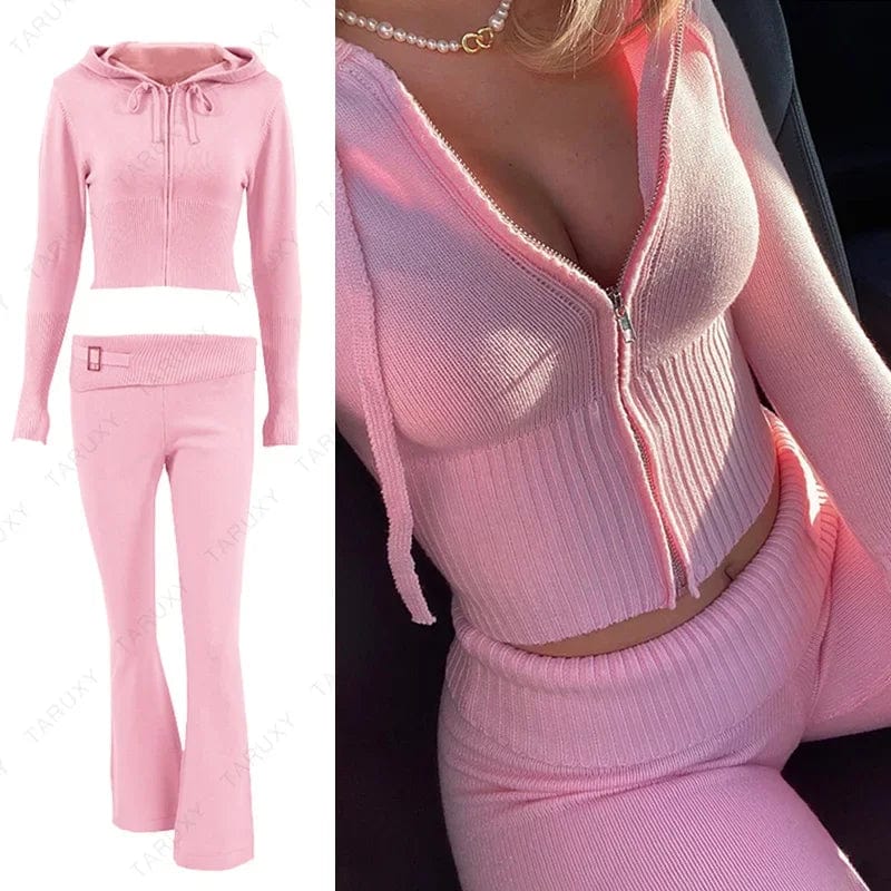 Eleganza Italiana TARUXY Women Spring Outfits Casual Zipper Sweater Hoodie Set High Waist Flare Pants Suits Pink Knitted Womens Y2k Two Piece Set Streetwear high fashion shein amazon temu target Walmart online