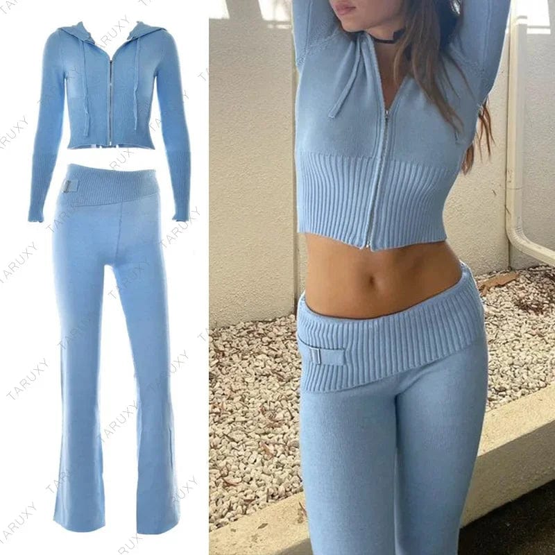 Eleganza Italiana TARUXY Women Spring Outfits Casual Zipper Sweater Hoodie Set High Waist Flare Pants Suits Pink Knitted Womens Y2k Two Piece Set Streetwear high fashion shein amazon temu target Walmart online