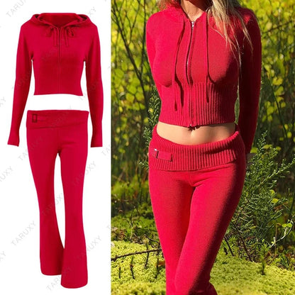 Eleganza Italiana TARUXY Women Spring Outfits Casual Zipper Sweater Hoodie Set High Waist Flare Pants Suits Pink Knitted Womens Y2k Two Piece Set Streetwear high fashion shein amazon temu target Walmart online