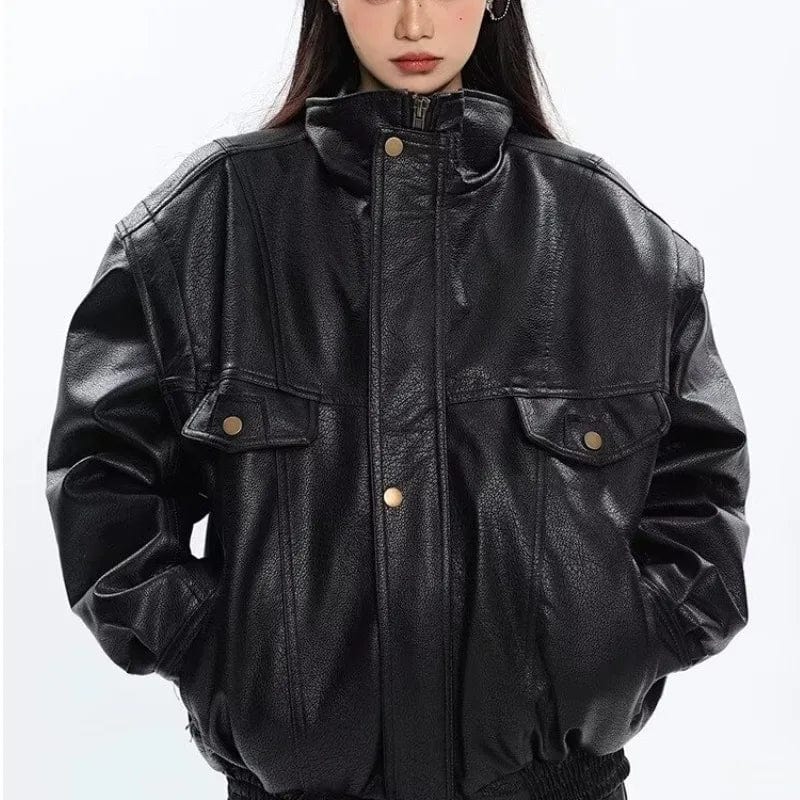 Eleganza Italiana Thick Black Pu Leather Jacket Women Bomber Spring Autumn Oversized Windproof Zip Up Luxury Designer Motorcycle Unisex Outwear Streetwear high fashion shein amazon temu target Walmart online