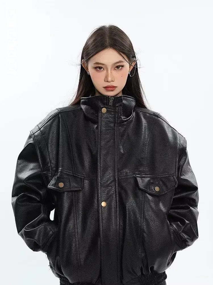 Eleganza Italiana Thick Black Pu Leather Jacket Women Bomber Spring Autumn Oversized Windproof Zip Up Luxury Designer Motorcycle Unisex Outwear Streetwear high fashion shein amazon temu target Walmart online