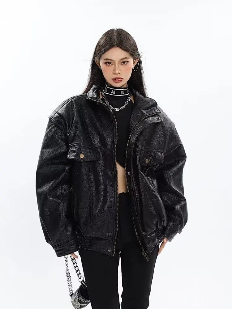 Eleganza Italiana Thick Black Pu Leather Jacket Women Bomber Spring Autumn Oversized Windproof Zip Up Luxury Designer Motorcycle Unisex Outwear Streetwear high fashion shein amazon temu target Walmart online