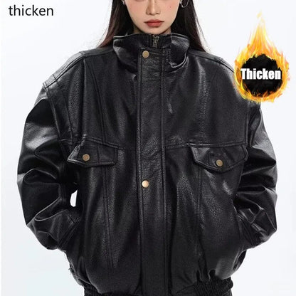 Eleganza Italiana Thick Black Pu Leather Jacket Women Bomber Spring Autumn Oversized Windproof Zip Up Luxury Designer Motorcycle Unisex Outwear Streetwear high fashion shein amazon temu target Walmart online