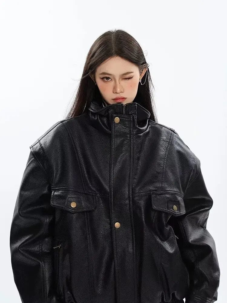 Eleganza Italiana Thick Black Pu Leather Jacket Women Bomber Spring Autumn Oversized Windproof Zip Up Luxury Designer Motorcycle Unisex Outwear Streetwear high fashion shein amazon temu target Walmart online