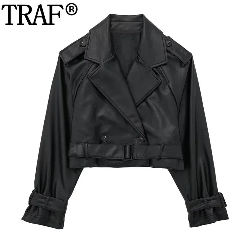 Eleganza Italiana TRAF Cropped Black Jacket Woman Windbreaker Faux Leather Jacket Women Long Sleeve Trench Coat For Women Y2k Belt New In Jackets Streetwear high fashion shein amazon temu target Walmart online