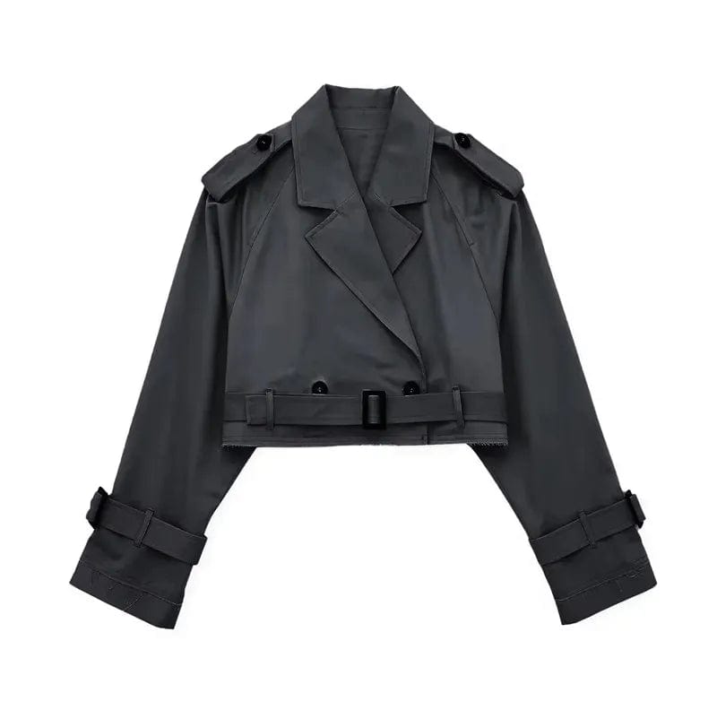 Eleganza Italiana TRAF Cropped Black Jacket Woman Windbreaker Faux Leather Jacket Women Long Sleeve Trench Coat For Women Y2k Belt New In Jackets Streetwear high fashion shein amazon temu target Walmart online