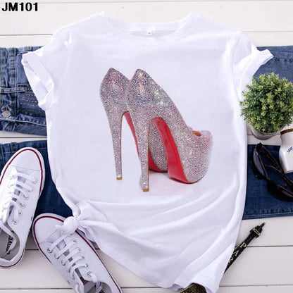 Eleganza Italiana White T Shirt Women Top Casual Tshirt Fashion High Heel Shoes Print Tshirt summer Harajuku Short Sleeve Female Tee Femme T-shirt Streetwear high fashion shein amazon temu target Walmart online