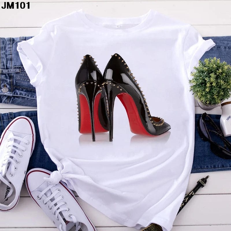 Eleganza Italiana White T Shirt Women Top Casual Tshirt Fashion High Heel Shoes Print Tshirt summer Harajuku Short Sleeve Female Tee Femme T-shirt Streetwear high fashion shein amazon temu target Walmart online