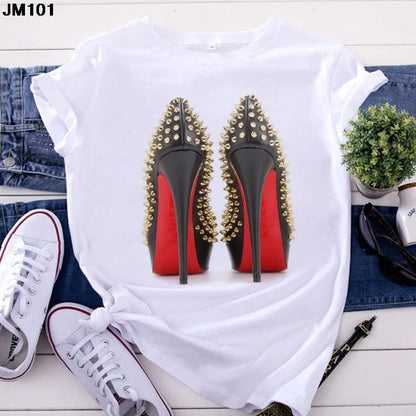 Eleganza Italiana White T Shirt Women Top Casual Tshirt Fashion High Heel Shoes Print Tshirt summer Harajuku Short Sleeve Female Tee Femme T-shirt Streetwear high fashion shein amazon temu target Walmart online