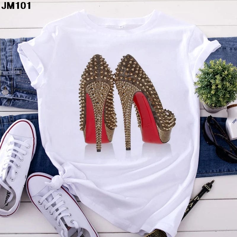 Eleganza Italiana White T Shirt Women Top Casual Tshirt Fashion High Heel Shoes Print Tshirt summer Harajuku Short Sleeve Female Tee Femme T-shirt Streetwear high fashion shein amazon temu target Walmart online