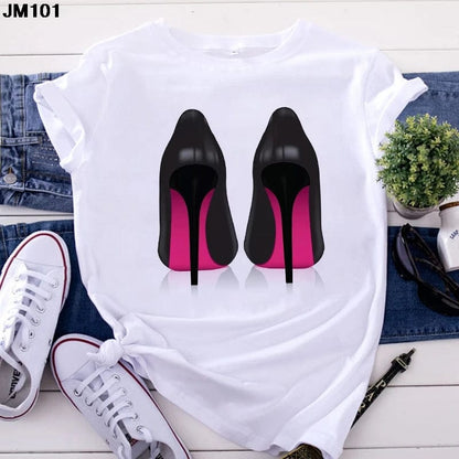 Eleganza Italiana White T Shirt Women Top Casual Tshirt Fashion High Heel Shoes Print Tshirt summer Harajuku Short Sleeve Female Tee Femme T-shirt Streetwear high fashion shein amazon temu target Walmart online